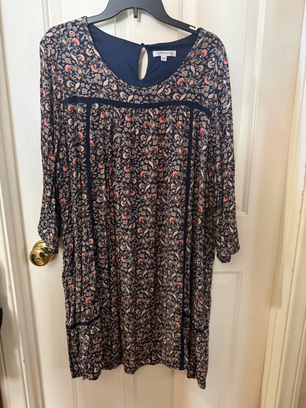 DownEast Navy Floral Long-Sleeve Lined Lace Accent Dress XXL